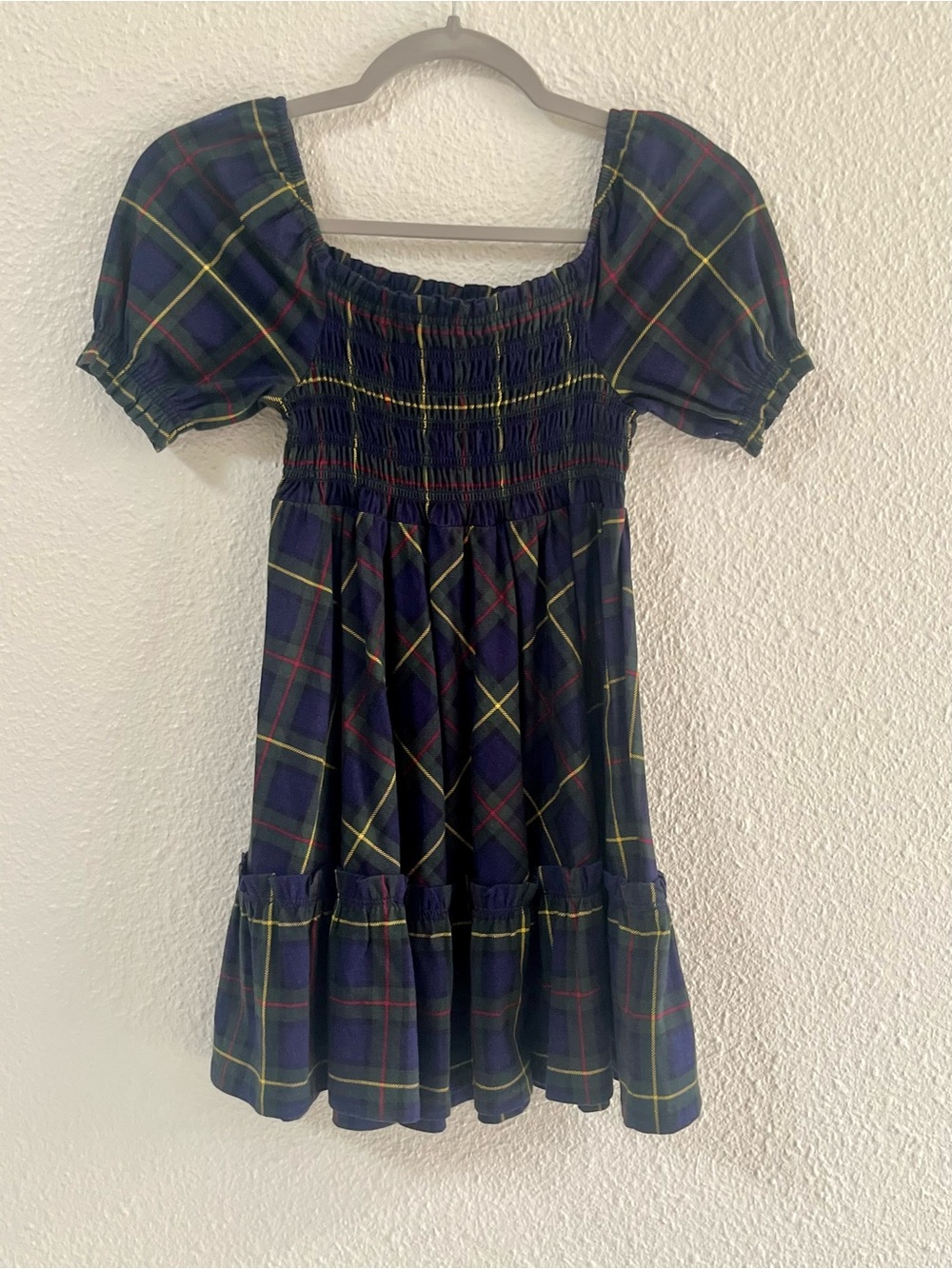 NWOT Ralph Lauren Girls Navy Plaid Smocked Puff-Sleeve Dress